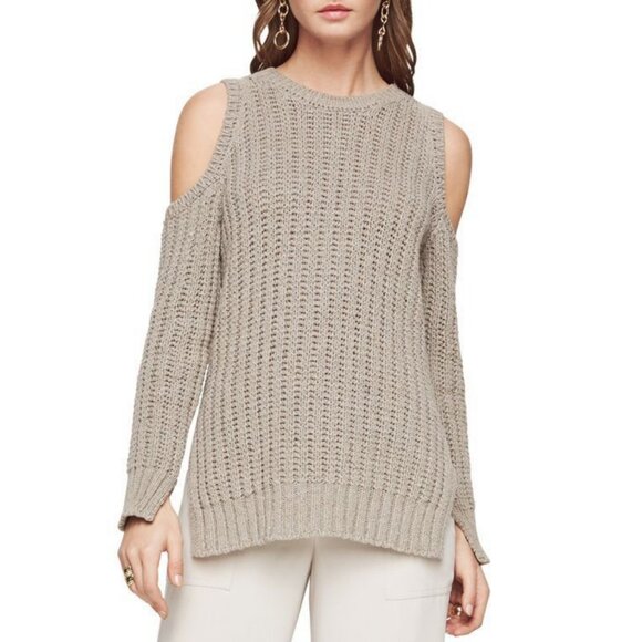 BCBGmaxazria Tressa Nubby Cold Shoulder Beige Cotton Cozy Knit Sweater - Picture 1 of 16